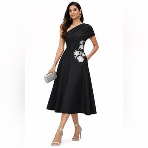 One-Shoulder Floral Embroidery Cotton Poplin Dress in Black Midi Size M 8